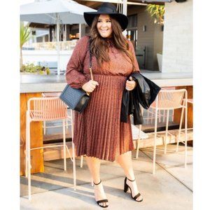 ELOQUII Elements Brown Black Dot Print Tie Neck Pleated Dress | 16